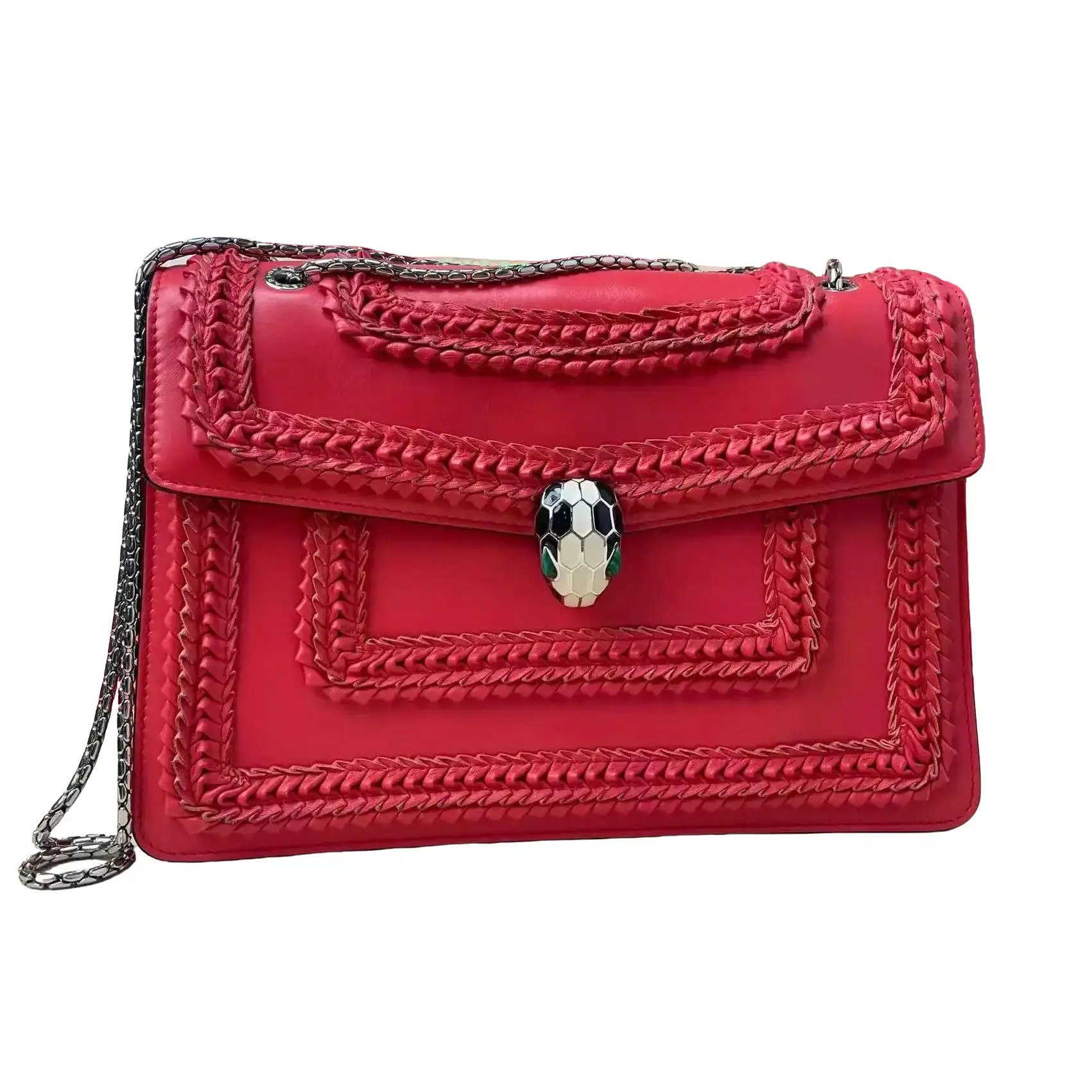 Pre-owned Bvlgari Authentic Red Serpenti Forever Enamel Snakehead Chain Bag