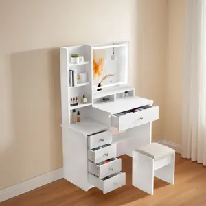 Vanity Makeup Mirror Desk with Stool,Makeup Vanity Set with 5 Drawers and Open Shelves,Vanity Mirror 3 Color Lighting Modes Adjustable, White