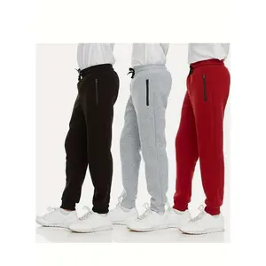 3pcs Boys' Athletic Joggers with Zippered Pockets & Drawstring Waist Soft Stretchy Cotton Blend Casual Sweatpants for Spring Summer Fall Teenage Activewear Drawstring Waistband Ribbed Cuff Joggers Perfect