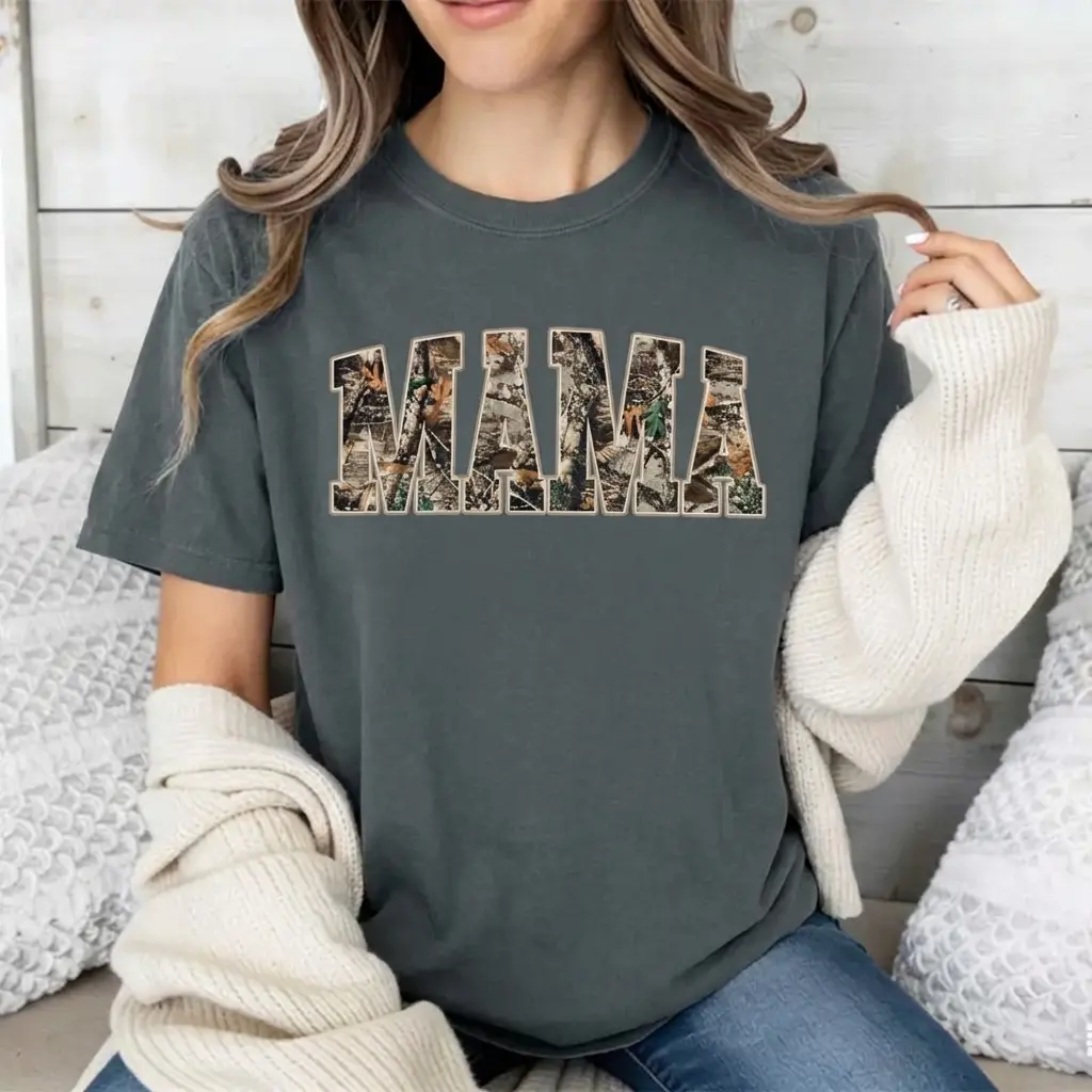 Mama Camo Print Graphic T-Shirt for Women, Casual Southern 100% Cotton Short Sleeve Top, Unisex Fit Country Mom Life Apparel
