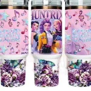 K Pop 40oz Waterproof Design with Music Notes and Floral Patterns for Stylish Drinks