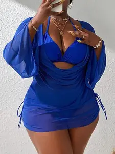 SwimWeek  Women's Plus Size Halter String Triangle Bikini Sets 3 Piece Swimsuits with Side Ruched Drawstring Cover Up