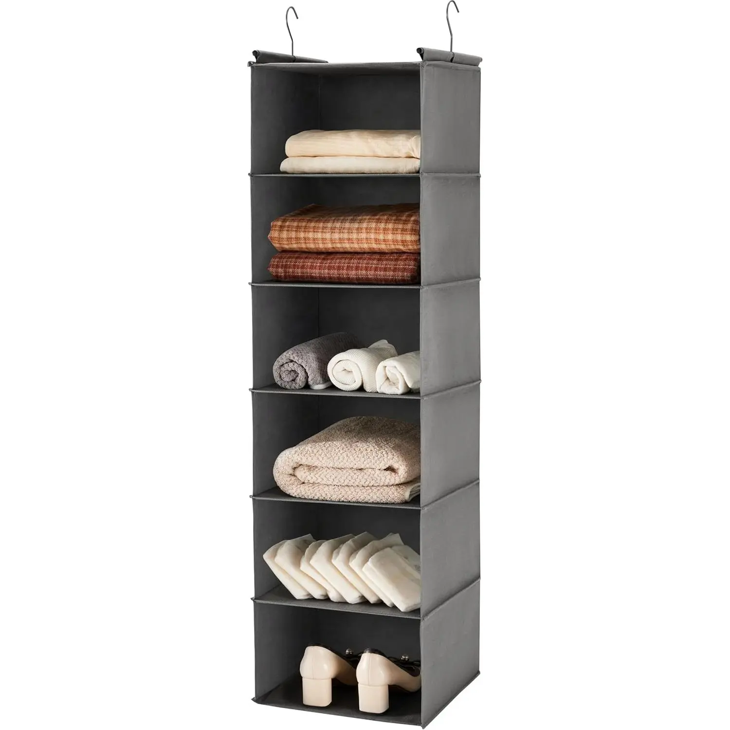6 Tier Hanging Closet Organizer with 2 Sturdy Hooks, Grey | foldable lightweight fabric closet storage, space-saving design for Bedroom, Closet Hanging Shelf for Storage