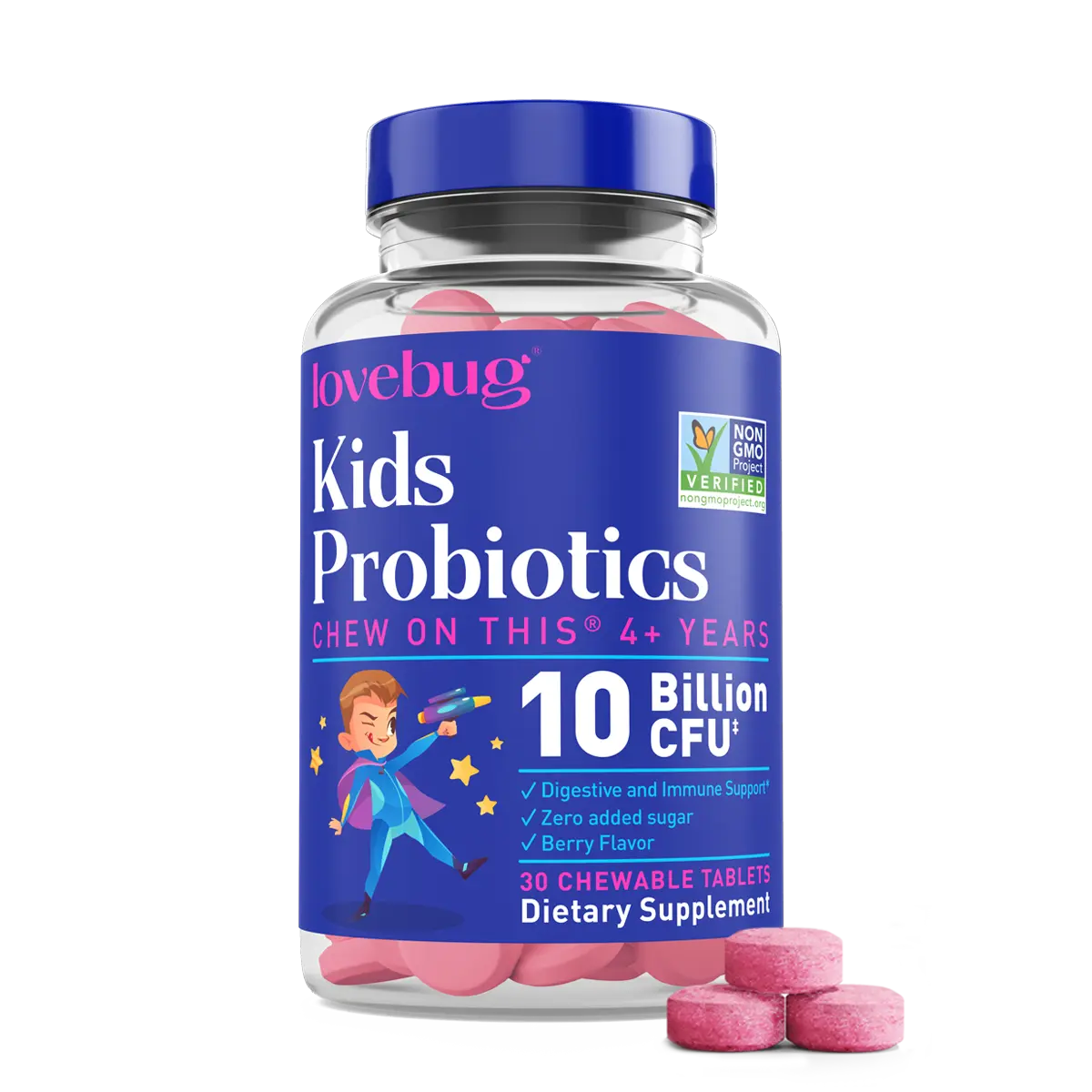 Lovebug Kids Probiotic Chewables | 10 Billion CFU, 6 Probiotic Strains + Prebiotic Fiber | Zero Added Sugar Berry Flavor | Digestive & Immune Support | Ages 4+