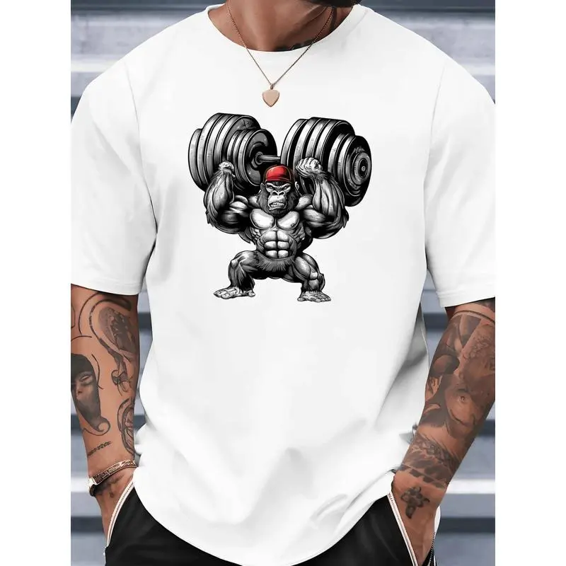 Men's Gym T-Shirt - Sporty Chic, Breathable Athletic Top With Barbell Lift Graphic, Machine Washable, Casual Summer Comfort Wear (White/Black)
