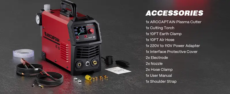 ARCCAPTAIN Plasma Cutter Welder, 50A 110/220V DC Inverter IGBT Machine, 2/3" Max Cut, 1/2" Clean Cut, 1/4 NPT Fitting, Large LED Display, 2T/4T Torch Modes, PT Adjustable, Smart Fan, Tools for Beginners DIY