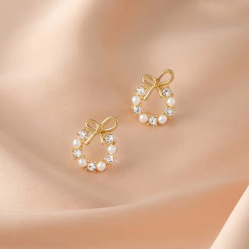 Faux Pearl & Rhinestone Decorated Bow Design Stud Earrings (1 Pair), High Quality Earrings, Elegant Cute Jewelry for Party, Daily Clothing Decor for Girl, Trendy All-match & Exquisite Jewelry for Birthday Gift, Zircon Stud Earrings