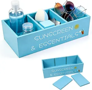 Beach Storage Basket Summer Pool Must Haves Blue 3-Tray Adjustable Beach Wooden Box with Sunscreen Holder Spray Bucket for Beach, Poolside, Sunblock Sunglasses Indoor Outdoor Organizer