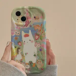 Cute Oil Painting Rabbit Pattern Phone Case Suitable for Iphone 16, 16 Pro, 16 Pro Max, 13, 14, 14 Pro, 15, 15 Pro, 15 Pro Max, XS Max, XS, XR with a 3D Wave Protective Cover, Luxurious And Suitable for Both And .