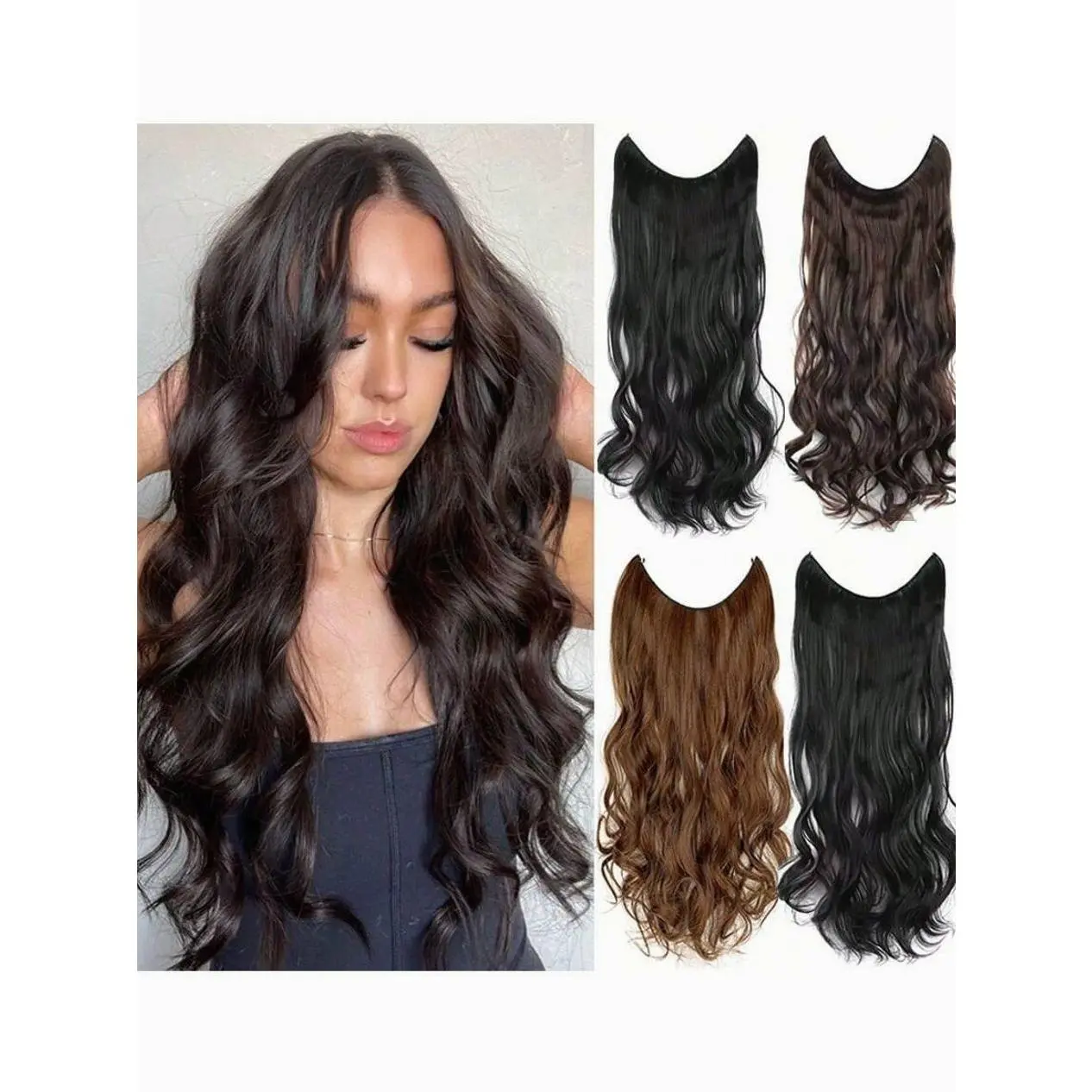 24 Inch Invisible Wire Hair Extensions No Clips | Secret Fish Line Curly Wave Hairpiece