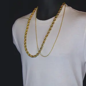24K Gold Plated 10mm & 2.5mm Rope Chain Necklace Set - 30inch Thick Men's Hip Hop Layered Bling Bundle
