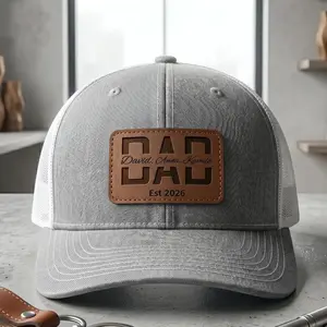 Custom Dad Leather Patch Hat, Personalized Dad Trucker Hat, Engraved Snapback Cap, Father's Day Gift for Dad, Custom Kids Name Hat