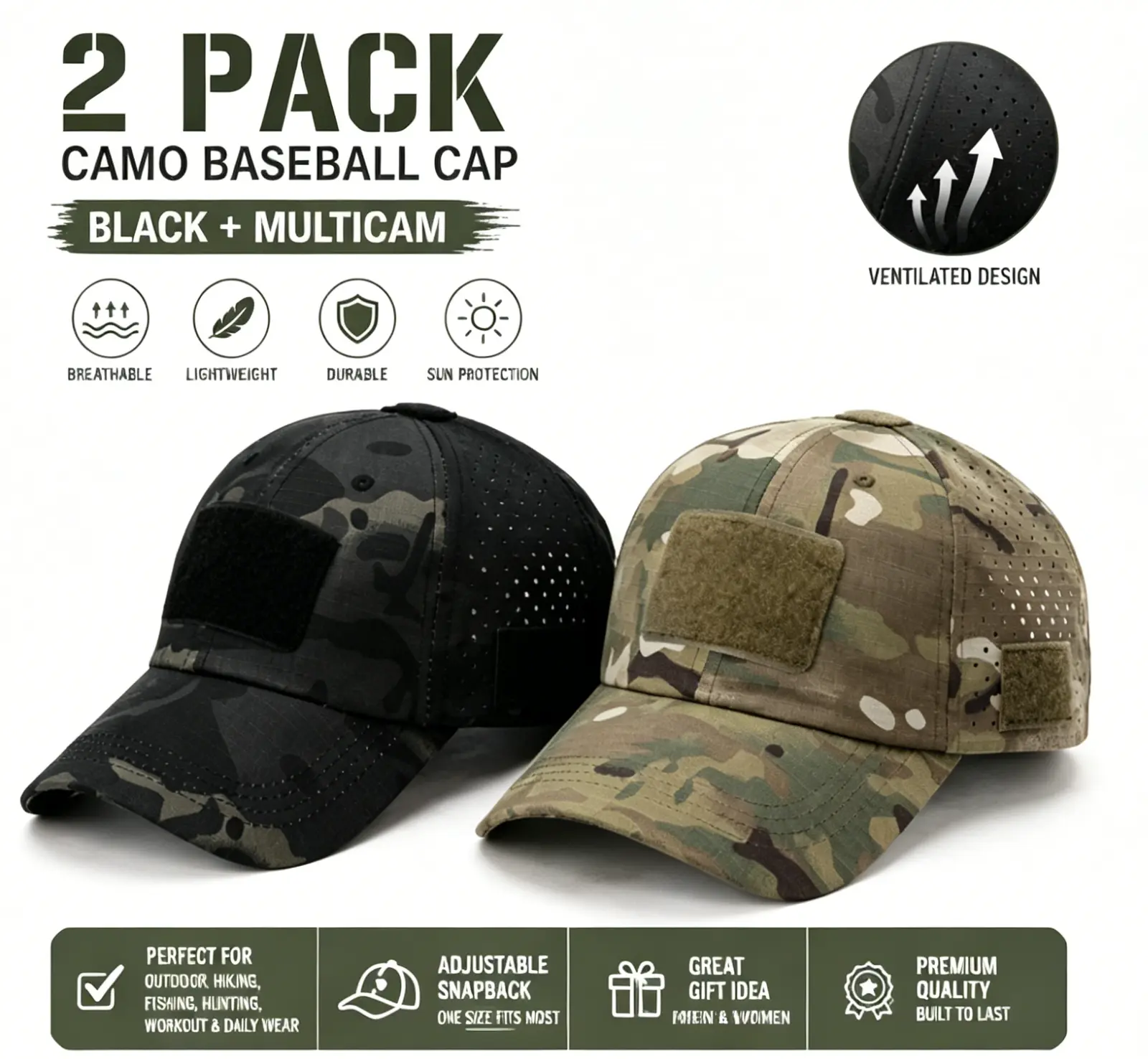 2 Pack Tactical Camo Men's Hats, Breathable Mesh Baseball Cap for Outdoor Hunting, Adjustable with Hook & Loop Patch Area, Outdoor Ventilated Cap