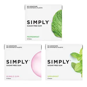 Simply Gum - Sugar Free Chewing Gum Bundle: Bubble Gum, Spearmint, Peppermint with Xylitol - No Aspartame, No Synthetic Plastic - 15 Pieces per Pack - Made in USA - Healthy Natural