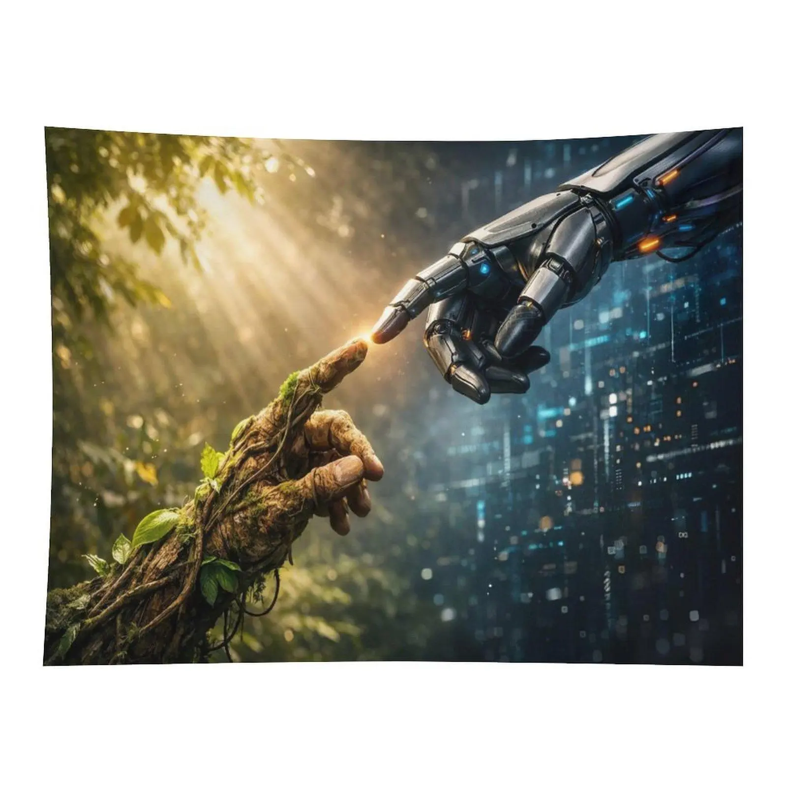 Sci-Fi Eco-Tech Contrast Tapestry - Nature Root Tree, Human Hand-Touch Robot Hand, Forest vs Cyber City Wall Hanging for Modern Teen Bedrooms Home Decor Backdrop