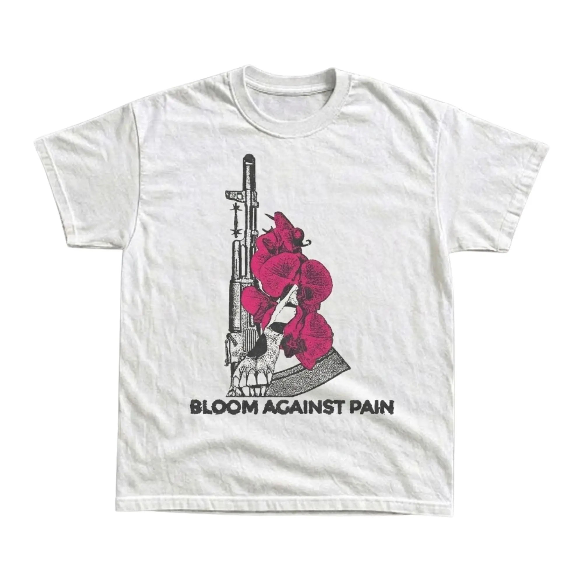 Gildan Men's and Women's T-Shirt, Dark Aesthetic Bloom Against Pain Rifle Orchid Graphic Tee, AK Rifle With Pink Orchid Flowers Stencil Illustration, Unisex Streetwear Tee For Emo Alt Fans, Gothic Grunge Outfit