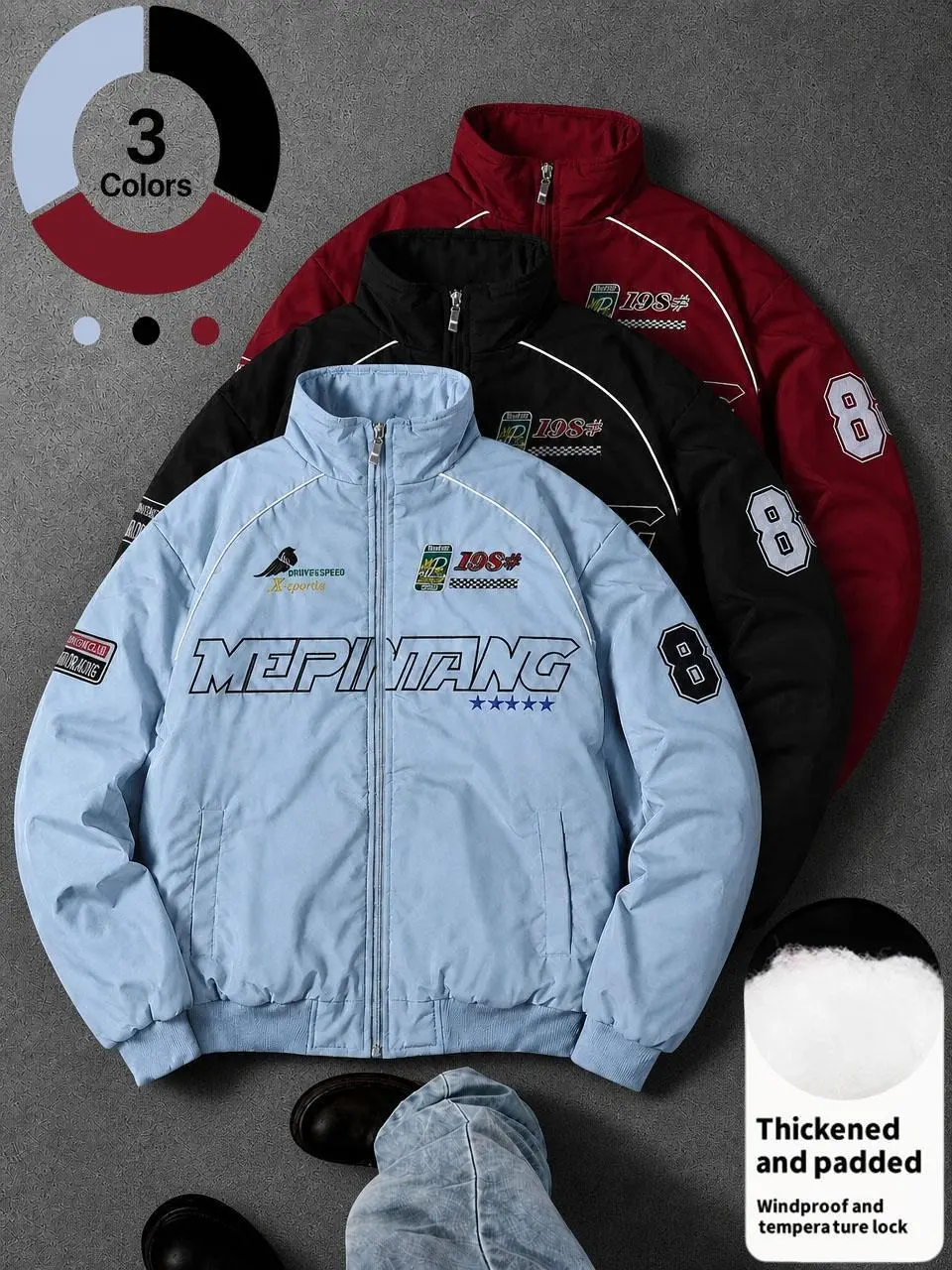 Men's Racing Style Bomber Jacket - Graphic Print with Patch Details, Stand Collar Design, Fleece Fabric Offers Comfort and Warmth, Perfect for Casual Street Style, Everyday Wear, or This Season's Trendy Sporty Look Coats Long Sleeve