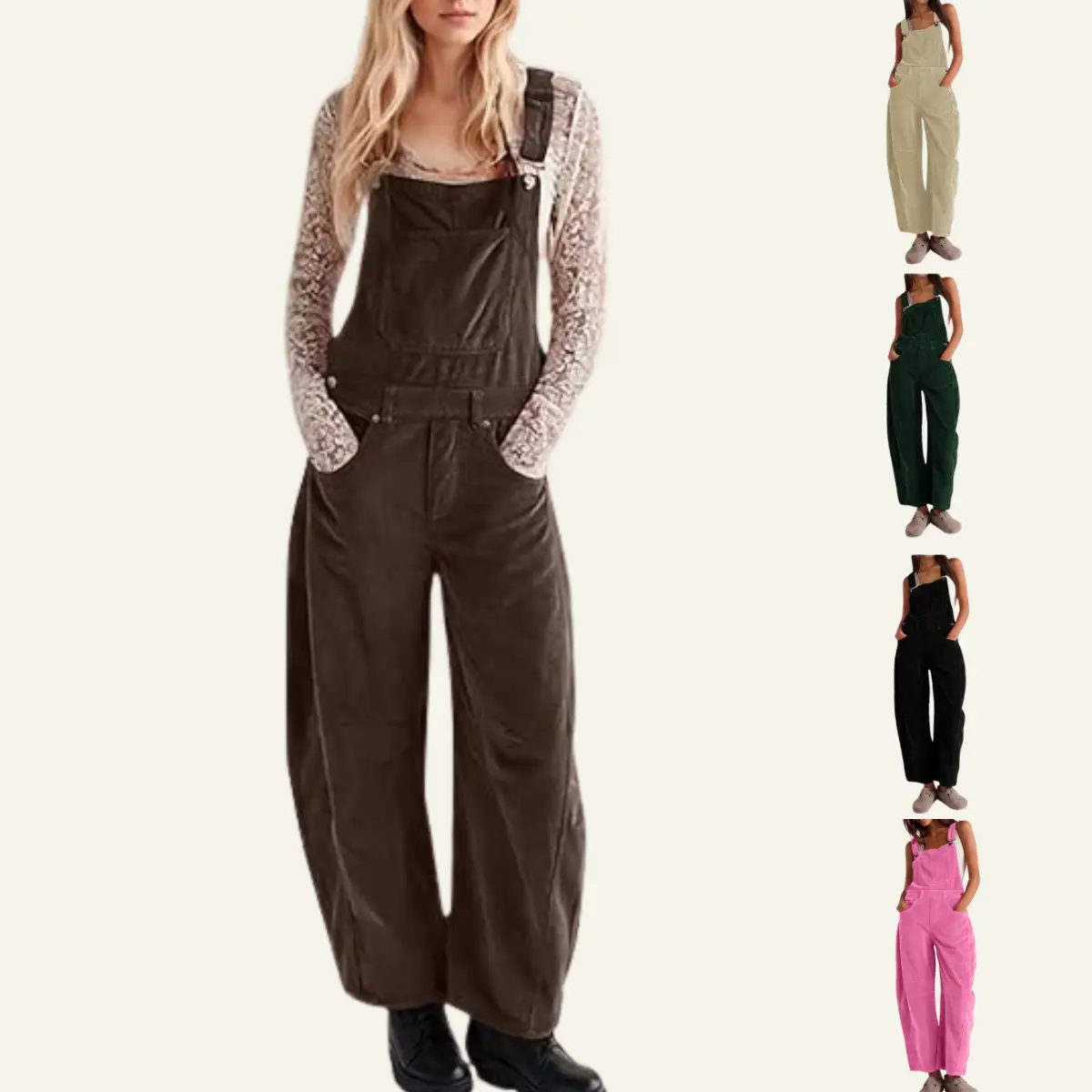 Yeokou Corduroy Overalls for Women Barrel Wide Leg Bib Corduroy Pants Women Adjustable Romper Jumpsuit with Pockets