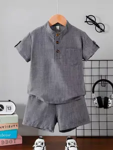 Boys' Summer Fashion Set, Stand Collar Short Sleeve Shirt with Button Half Open Front, Pocket Design, Lightweight Comfortable Shorts, 2-Piece Set