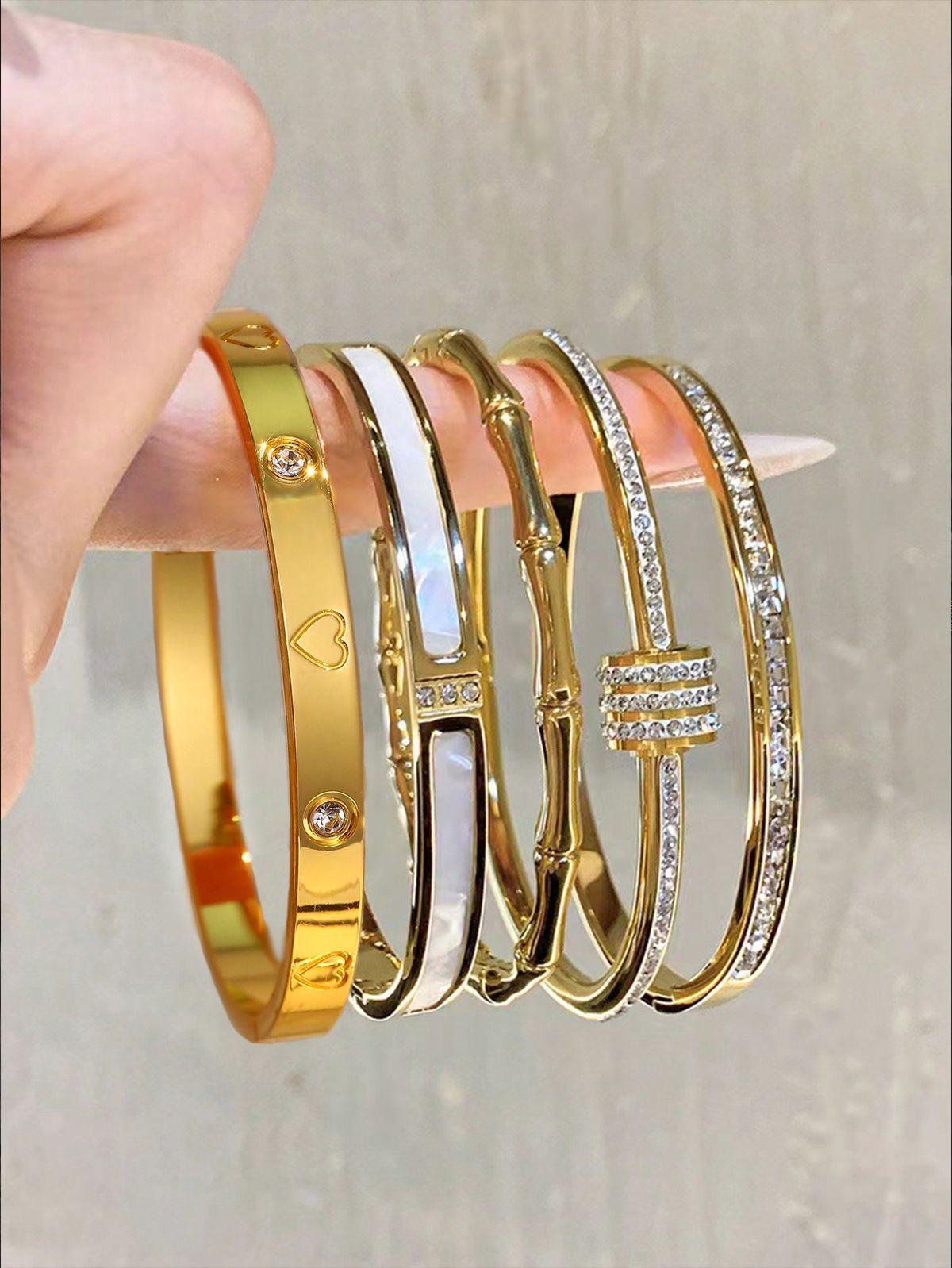 5-Piece Luxury Bracelet Set for Women – Gold & Silver 18K Plated Stackable Bangles | Aesthetic Designer Style | Viral TikTok Jewelry