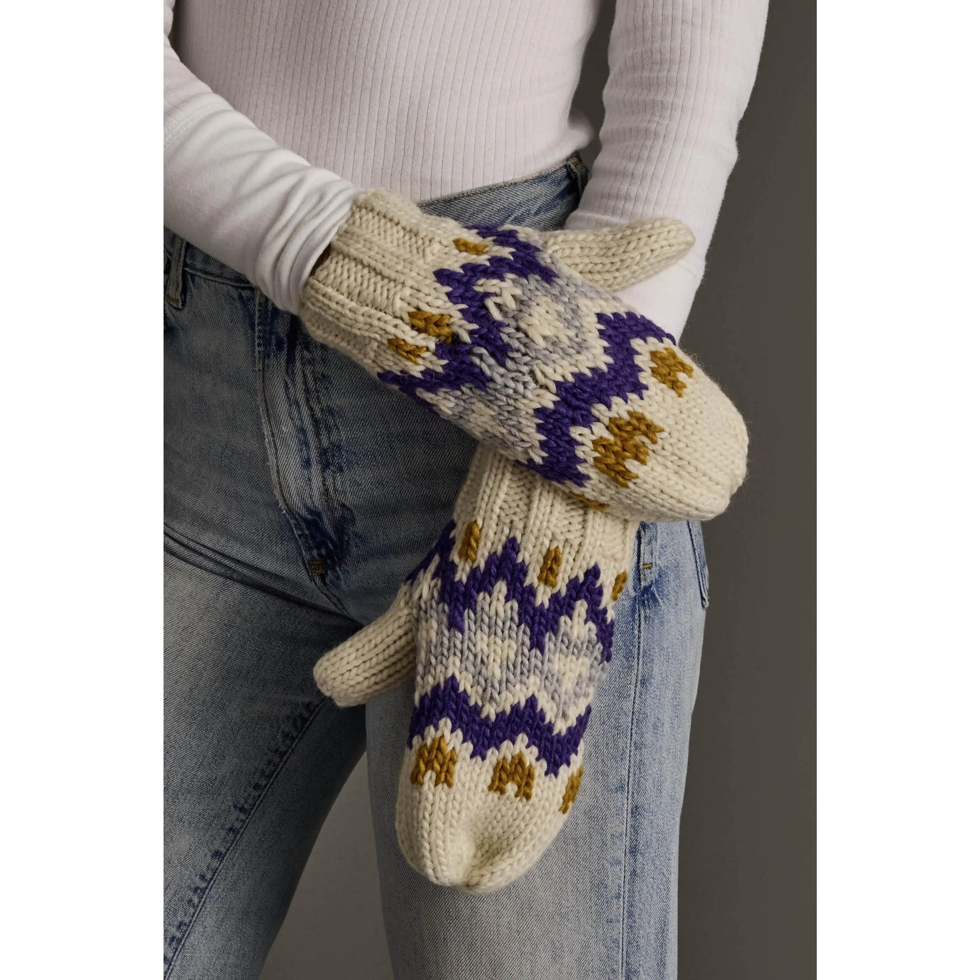 Cream, Gold, Purple & Gray Patterned Mittens