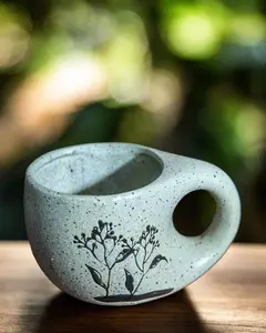 HANDCRAFTED CERAMIC CLAY MUG - SANDSTONE FINISH WITH FLORAL DESIGN