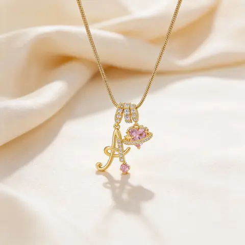 PolarEve 18K Gold Plated 3-Layering Initial A-Z Letter Pendant Necklaces for Women Snake Chain Choker Pink Heart Zircon Adjustable Length Necklace Jewelry, Anniversary, Birthday Gifts,  Perfect Gift for Women and Girls, Valentine's Day Gift, summervibes