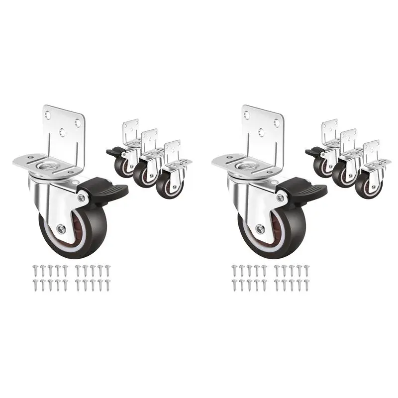 Side Mount Casters,Casters Set of 8 with Brake,L-Shape Plate Small Wheels for Furniture,Cabinet Casters,1 in(L-Shape)