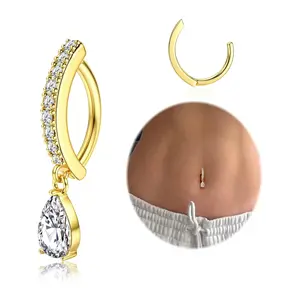 Steel Golden Navel Ring – Hypoallergenic 14K Gold-Plated Navel Ring “Danger” Navel Ring for Piercings, Cubic Zirconia & Pearl, Click-Button Design, 14G Piercing Jewelry