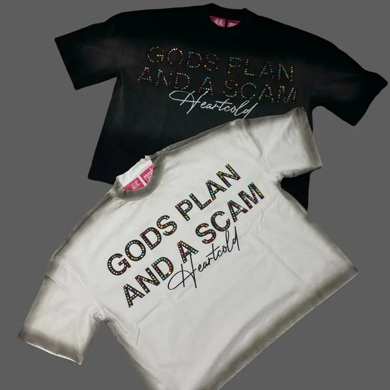 Menswear Oversized Short-Sleeve Streetwear Top, "Gods Plan and a Scam" Rhinestone-Embellished Shirt, Bestie, Shortsleeve