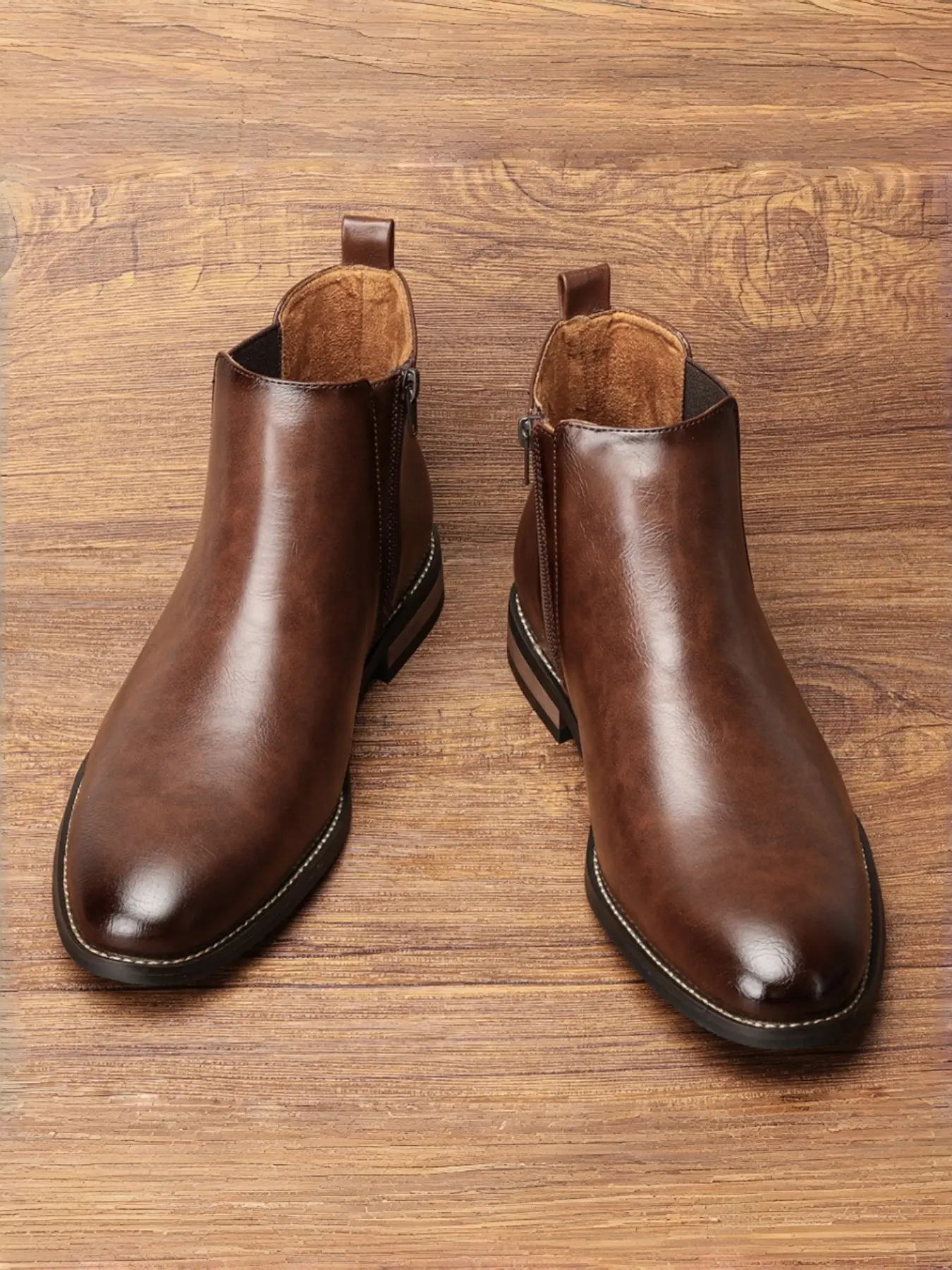PU Leather Chelsea Boots, Ankle Height, Casual Warm Boots, Boots with Zipper, Simple Fashion Style, Side Zipper Elastic Fabric Insole, Warm Faux Fur Lining, Anti-Slip Rubber Sole, Footwear Boot