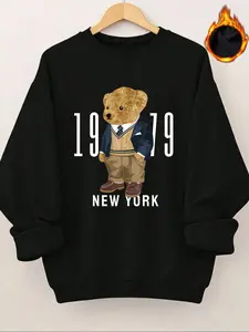 Casual retro Style solid color fitted long-sleeved pullover sweatshirt, featuring a "NEW YORK" American college cartoon teddy bear print, round neck casual sporty women's pullover sweatshirt, autumn and winter fleece-lined women's clothing, Womenswear