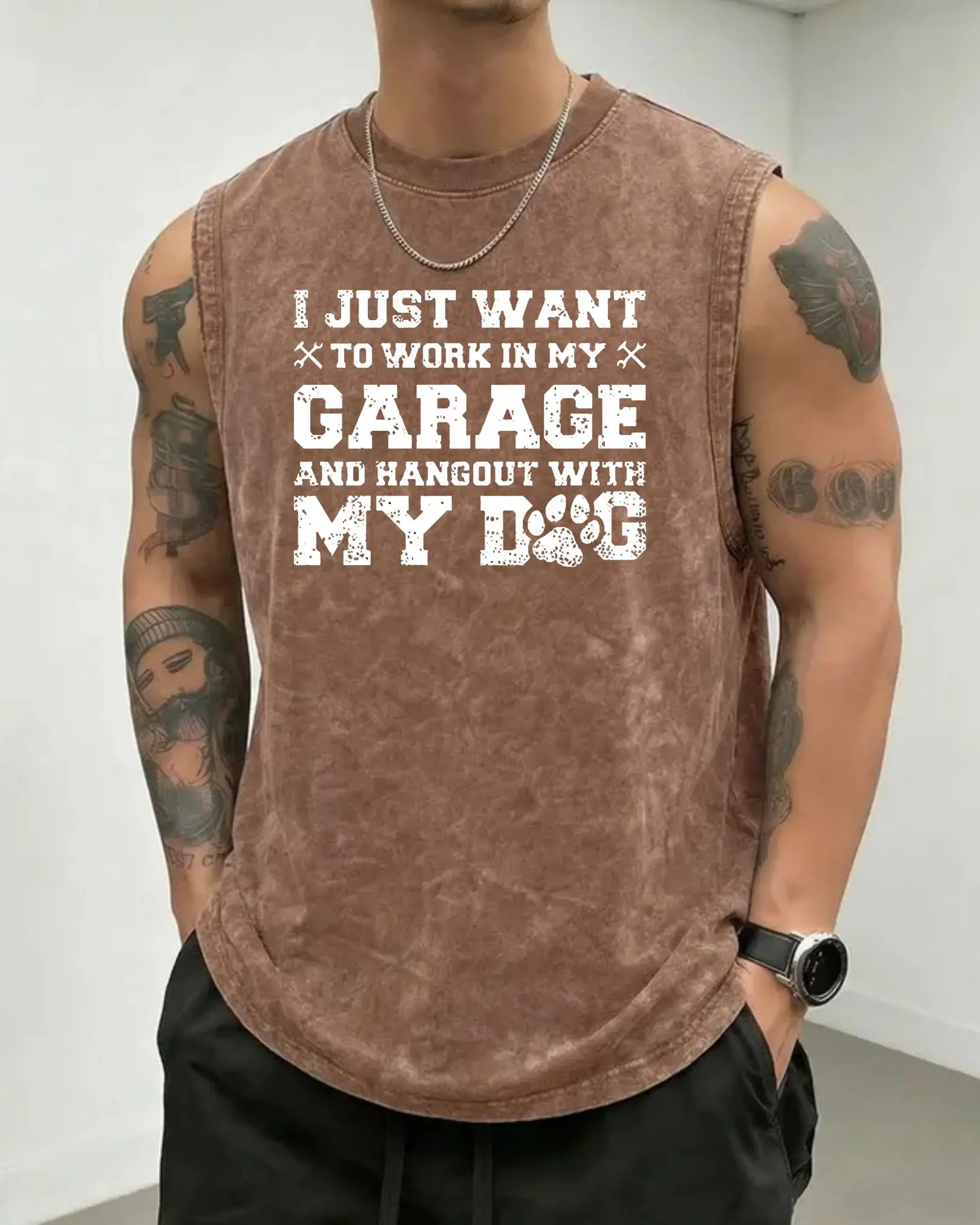 "Work In My Garage" Dog Lover Washed Tank Top | Brown Distressed Mechanic Shirt | Funny Introvert Gift for Pet Owner