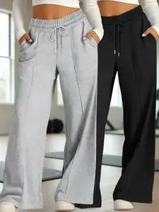 Women's Solid Color Drawstring High-Waist Wide Leg Pants, Loose-Fitting Casual Trousers with Pockets for All Seasons, Comfortable Daily Wear，Women's  Affordable Pajamas