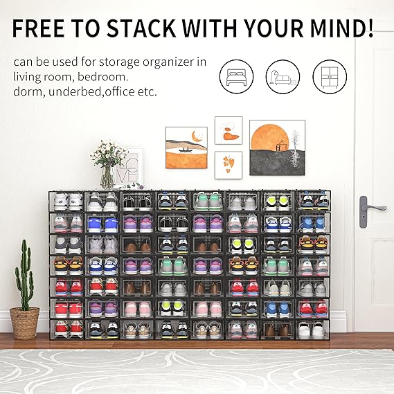12-Pack Clear Shoe Storage Bins – Stackable Plastic Shoe Organizer for Closet, Space-Saving Foldable Shoe Rack, Sneaker Holder with Black Frame 12-Pack Clear Shoe Storage Bins – Stackable Plastic Shoe Organizer for Closet, Space-Saving Foldable Shoe Rack, Sneaker Holder with Black Frame