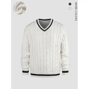 Unisex thick and warm knit sweater, casual and fashionable, loose and easy to match polyester material, V-neck striped top, streetwear, oversized knit men’s shirt, fashionable fabric, retro street academy style loose fit