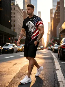 Independence Day Theme Festive Casual Suit, Flag Eagle Print Short Sleeve Top + Shorts, Slim-Fitting Graphic Pattern
