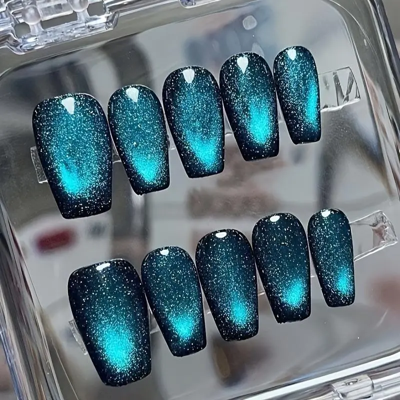 10pcs The OceanCat Eye Reflective Nails,Premium Nails,Faux Nails,Blue Nail/Magnetic Cat Eye Nail,Handmade Nails,