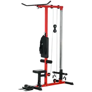 Heavy Duty Red Home Gym Lat Pull-Down Machine with High-Low Pulley System, Adjustable Seat, Flip-Up Footplate, Multi-Function Cable Crossover Station for Back, Biceps, Shoulders, Triceps Workouts (Home, Garage Use)