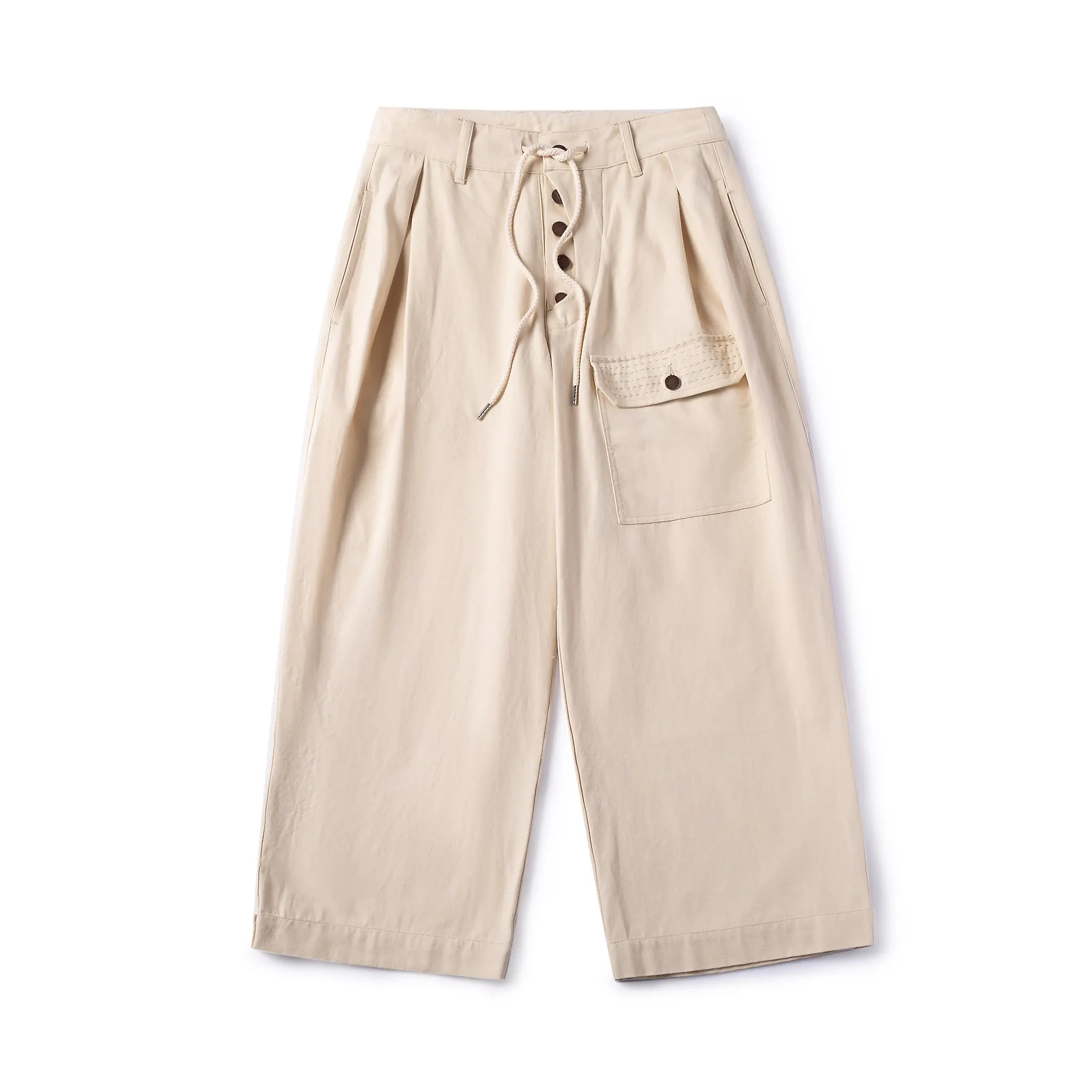 FRIED RICE Sashiko Wide Leg Pants - Cream Mid Waist Loose-Fitting Unisex Embroidered Pockets Drawstring Adjustable Cotton