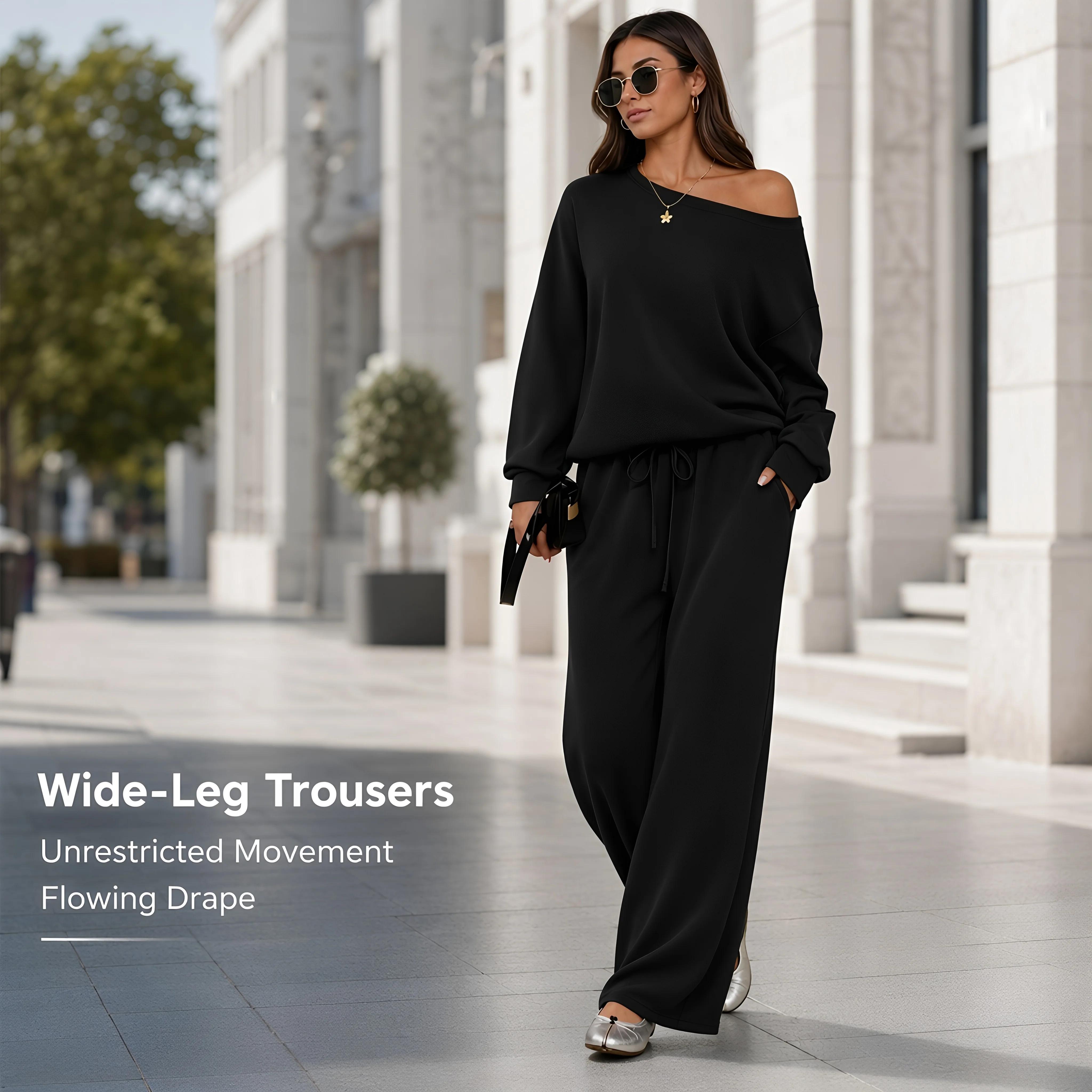 2026 Autumn Women's Leisure Solid Color Sloping Shoulder Long Sleeve Top & Wide Leg Trousers Co-ord Set & Separates, Minimalist Scoop Neck Loose Outfits, Casual Womenswear, Silky, Classy, Soft, Style, Spandex, viscose, Loose Fit, Women 2 Piece Sets, Plain