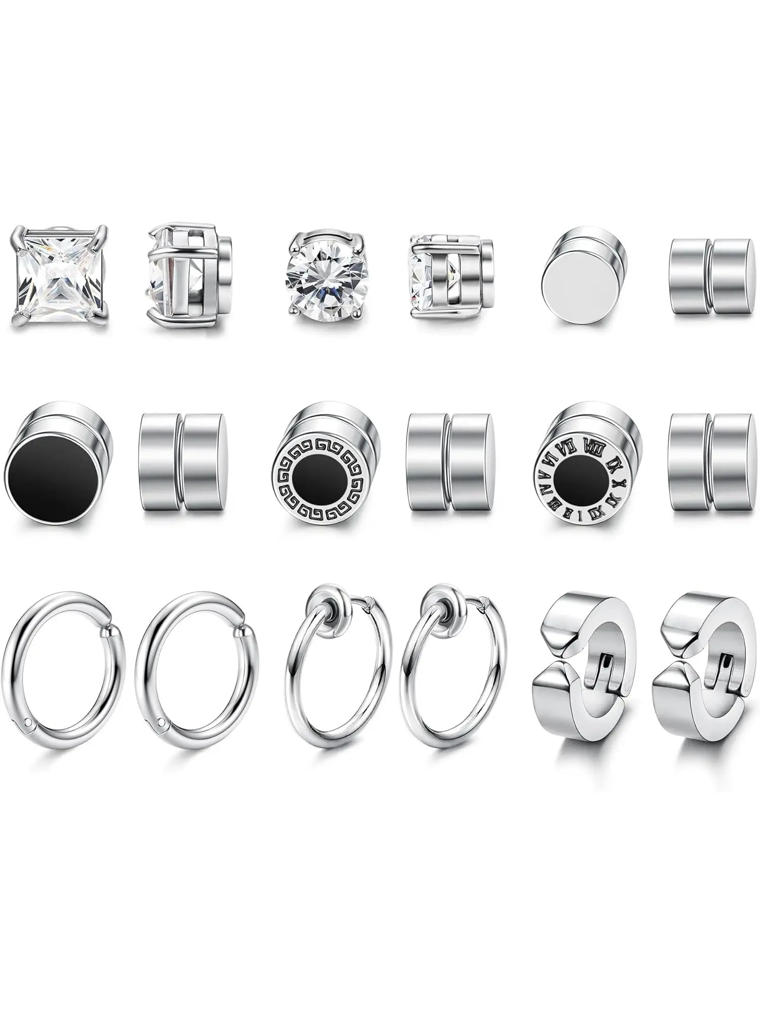9 Pairs Silvery Magnetic Hoop Earrings, Sparkling Ear Jewelry, Non Pierced Jewelry, for Women Men Stainless Steel Smooth Polished Finish Zirconia Charm Practical Magnetic Adsorption Structure No-piercing Huggie Earring Sets