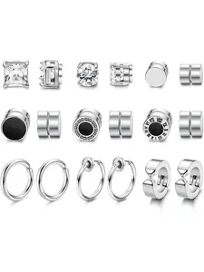 9 Pairs Trendy Silvery Magnetic Hoop Earrings for Women Men Premium Sturdy Stainless Steel Smooth Polished Finish Dazzling Shiny Zirconia Exquisite Fashionable Charm Practical Magnetic Adsorption Structure No-piercing Huggie Hoops