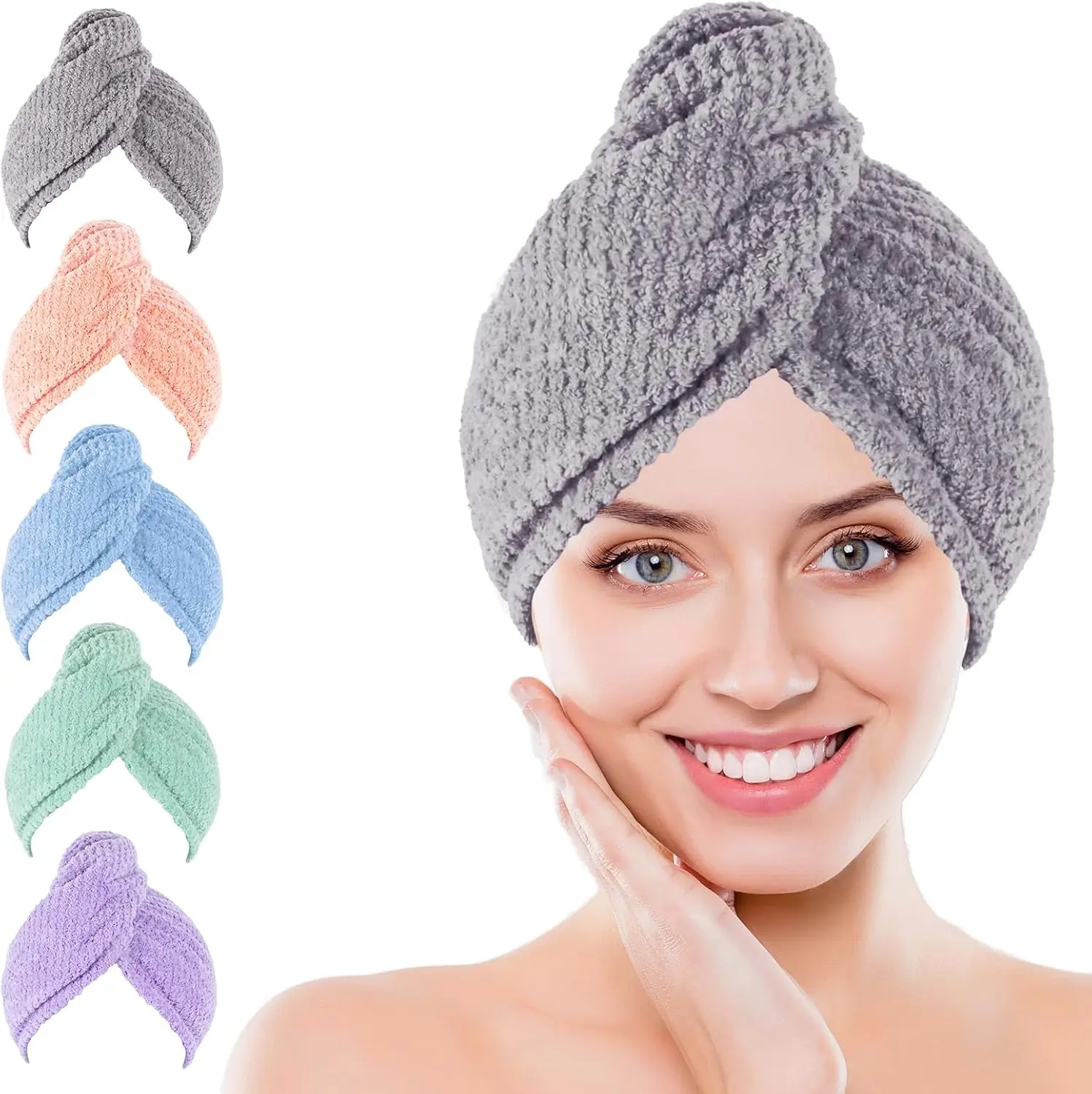 5-Pack Microfiber Hair Drying Towel Wraps Anti-Frizz Quick Dry Turban for All Hair Types Mixed Colours Super Absorbent Frizz-Free Secure Tie-Hoop Design Pineapple Plaid 25 cm x 65 cm