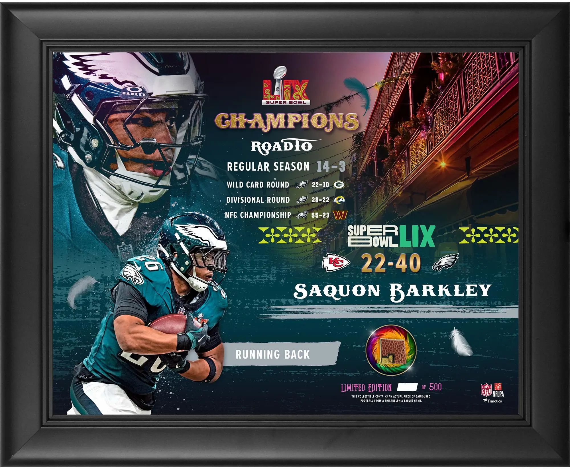 Saquon Barkley Philadelphia Eagles Framed 13" x 16" Super Bowl LIX Champions Collage with a Piece of Game-Used Football - Limited Edition of 500 - Fanatics Authentic Certified