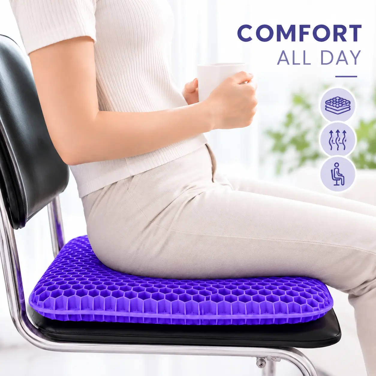 Honeycomb Cooling Gel Seat Cushion, Gel Seat Pad, Thick Breathable Material, Balanced Weight Distribution, Non-Slip Removable Cover, For Wheelchair, Desk Chair And Car Seat