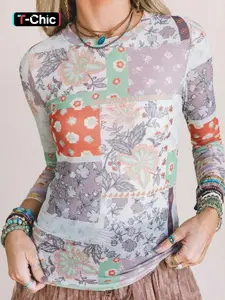 Spring Autumn Casual Boho Breathable Style Shirt Mixed Color Floral Print Patchwork Half High Neck Mesh Top, Women's Fashion Blouse, Comfortable and Stylish, Casual Classy Fashion