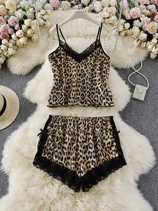Sexy Leopard Print & Lace Camisole and Shorts Set — Women's 2-Piece Pajamas & Loungewear — Sheer Mesh Bralette Top + Lace-Trimmed High-Waisted Shorts
