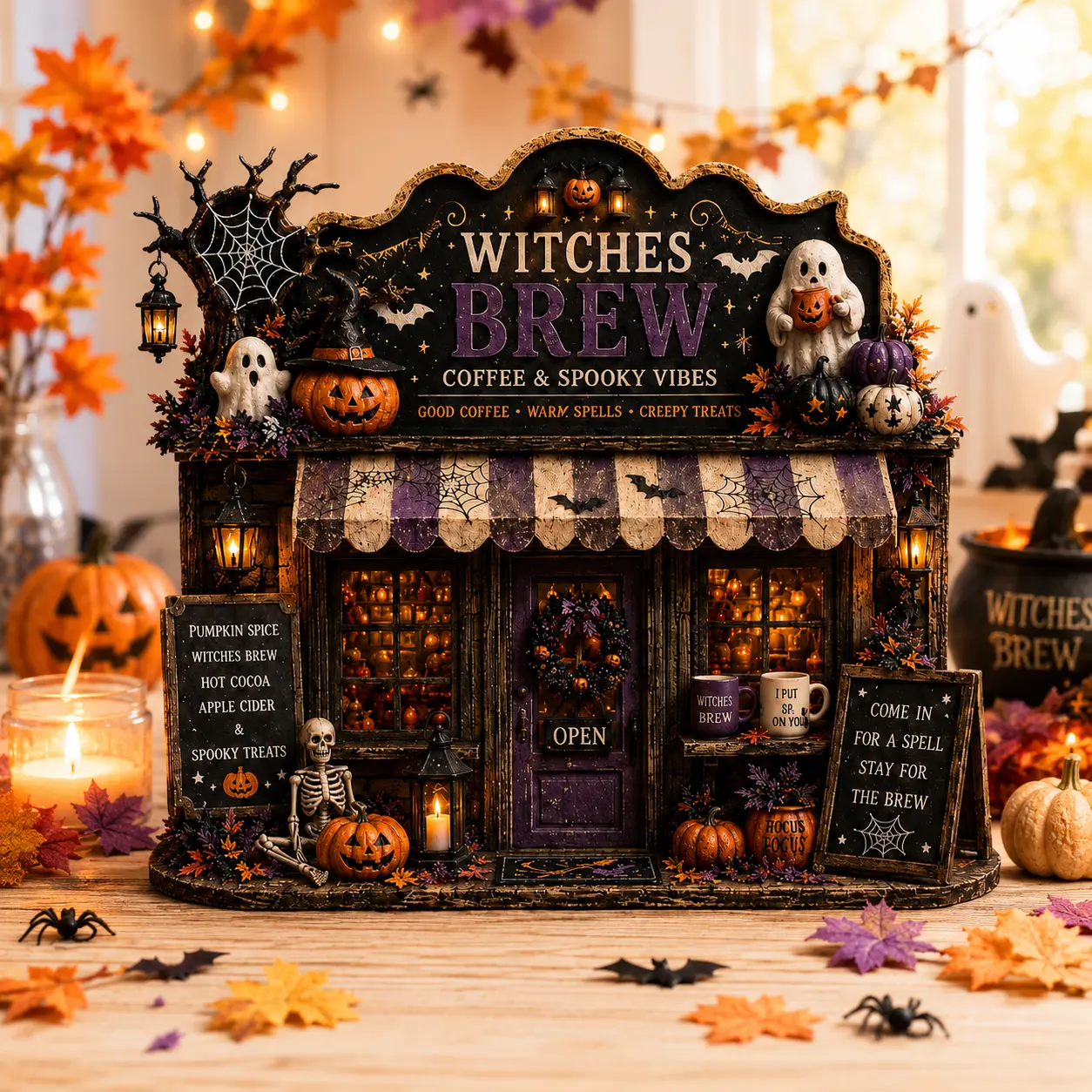 Witches Brew Wooden Block, Halloween Coffee Bar Decor, Spooky Witch Cafe Sign, Ghost Pumpkin Shelf Decor, Coffee Lover Gift