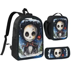 Three Piece Set The Nightmare Before06 Christmas Printed Backpack Waterproof Curved Adjustable Shoulder Strap High Capacity Mesh Messenger Bag